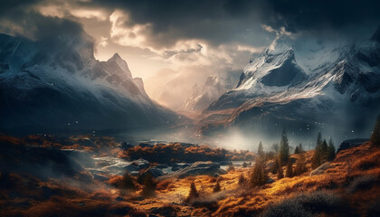 Majestic mountain range, tranquil meadow, panoramic beauty generated by AI