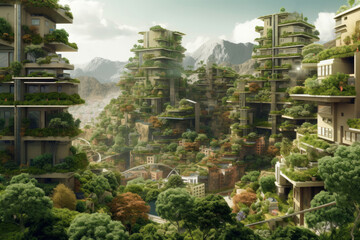 Green skyscrapers with plants on the facade. Eco architecture, ecology, urban, environment, futuristic concept. Generative AI