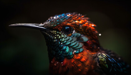Obraz premium Vibrant feathers adorn the peacock beautiful tail generated by AI