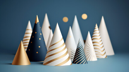 Fototapeta na wymiar A group of paper christmas trees on a blue surface. Generative AI. Simple Christmas trees.