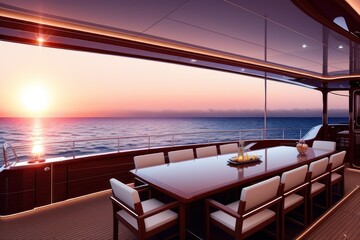 Interior design furnishing decor of the salon area in a large luxury motor yacht. View on beautiful sunset and evening ocean water. Golden hour. Romantic vacation. Generative AI