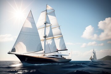 White yacht sailing on a sunny summer day. Side view from the water level. Waves and water splashes. Clear blue sky. Generative AI