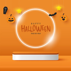 Halloween background. Podium for product display presentation with glowing neon round circle shape. Podium platform to show product with with pumpkins, bat and coffin orange background