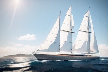 Aerial photography of yacht with white sails in dark blue open space. The good wind fills sails on a sunny summer day. Generative AI