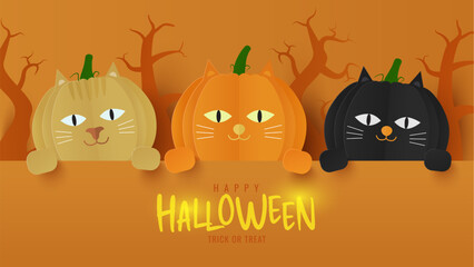 Happy halloween banner. Paper cut cat face pumpkin on purple background. Vector illustration