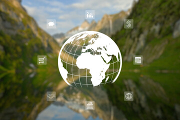 Crystal globe putting on moss, ESG icon for Environment Social and Governance, World sustainable environment concept.