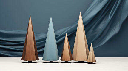 A group of three wooden trees sitting on top of a table. Generative AI. Simple Christmas trees.