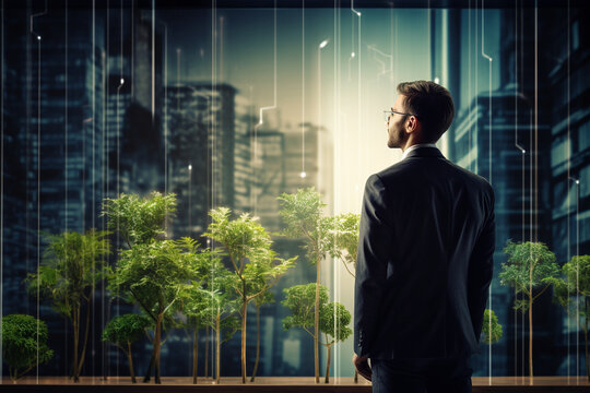 Business development to success and growing growth concept. Businessman taking care of the tree on top of a building in metropolis. High quality photo