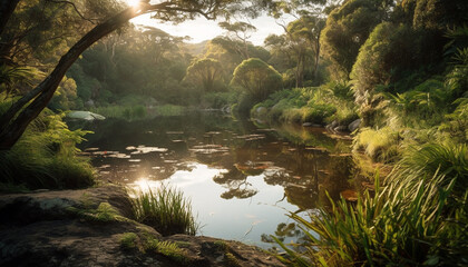 Fototapeta na wymiar Tranquil scene of a tropical rainforest pond generated by AI