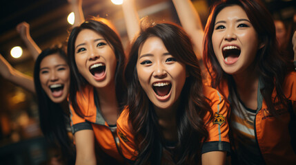 Group of Beautiful Asian woman friends sitting on sofa watching soccer game competition on television together. Happy female soccer fans cheering victory.