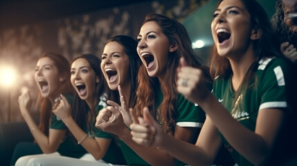 Group of Beautiful woman friends sitting on sofa watching soccer game competition on television together. Happy female soccer fans cheering victory.