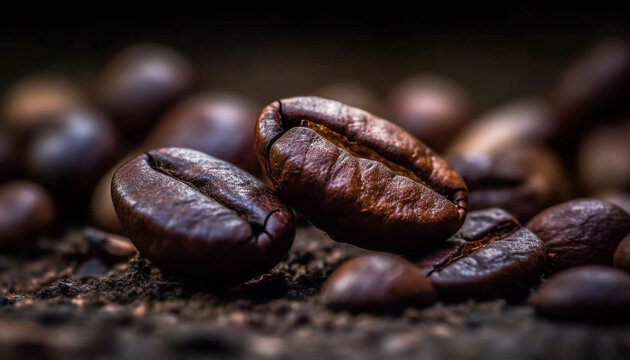 Fresh coffee bean close up, dark and scented generated by AI