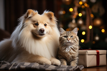 Fototapeta na wymiar A dog and a cat sitting next to a christmas tree. Generative AI. Christmastime, christmas celebration.