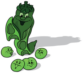 Green Pea Pod with a Smiling Face and Round Peas Around
