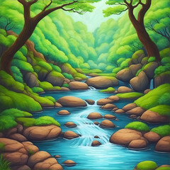 Cartoon river in the forest. AI generated illustration