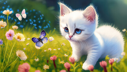 drawing of a white kitten with blue eyes smiling full length in a field of flowers