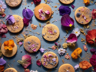 A table topped with lots of cookies covered in flowers. Generative AI. Edible flower decorations.