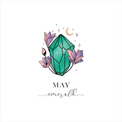 Colored Flowered Hand Painted Birthstones Gem Illustration. Healing Crystal. May– Emerald. - 618898989