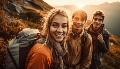 Young adults hiking in nature, smiling joyfully together generated by AI