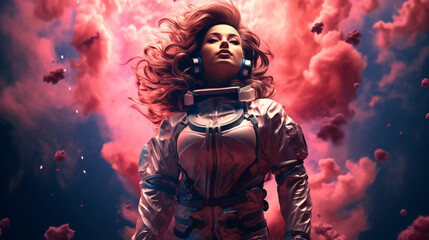 Obraz na płótnie Canvas Illustration of woman in space suit inside softly glowing pink and blue galactic cloud. Peaceful galaxy astronaut. Retrowave.