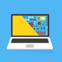 Riparazione laptop, servizio informatico. Scheda madre nella sezione dello schermo. Illustrazione elettronica fai da te tecnologia assistenza tecnica