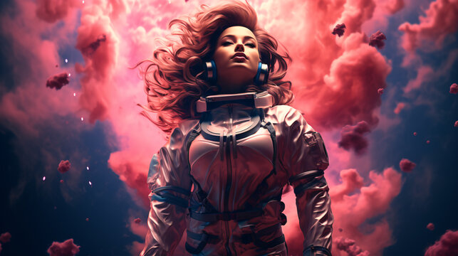 Illustration of woman in space suit inside softly glowing pink and blue galactic cloud. Peaceful galaxy astronaut. Retrowave.
