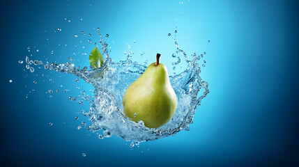 Fototapeta na wymiar Pear in spray of water. Juicy pear with splash on blue background. AI generated