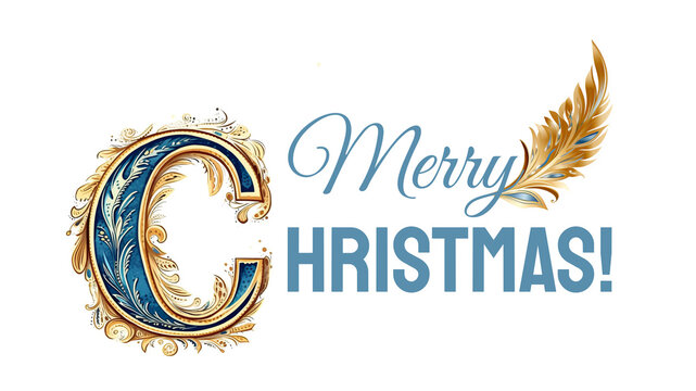 Caption Merry Christmas with ornate capital C letter, generative AI image.