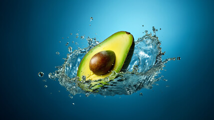 Water splashing on fresh sliced green avocado isolated over the blue background. AI generated