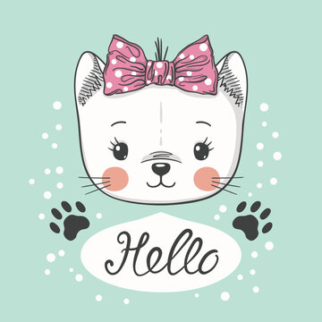 Cute little cat girl. Hello slogan text. For t-shirt, mug, bag and other uses