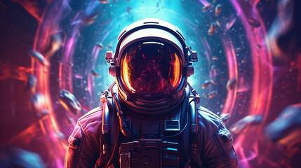 Fototapeta na wymiar Psychedelic Retro Wave Astronaut in Neon Light. Pink Blue Violet Trendy Colors. Front View of a Space Suit.