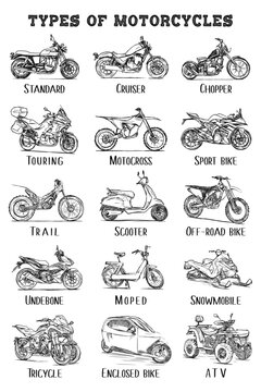 Type of motorcycles set, vector hand drawn sketch
