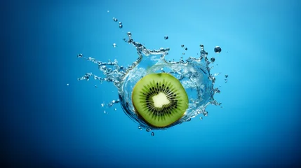 Poster Kiwi fruit falling in water splash isolated on blue background. AI generated © brillianata