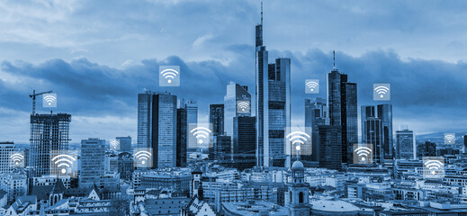 Cityscape with wi-fi connection conceptual,information communication technology concept.