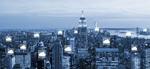 Night cityscape and internet network connection cloud technology for communication , business and technology concept.