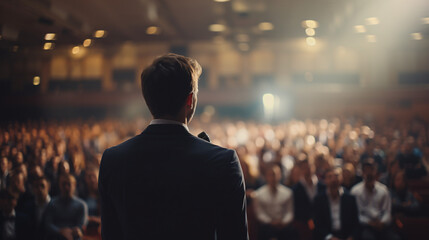 Fototapeta premium Engaged Audience in a Conference Hall: Captivating Lecture by Male Speaker on Business and Entrepreneurship. Generative AI