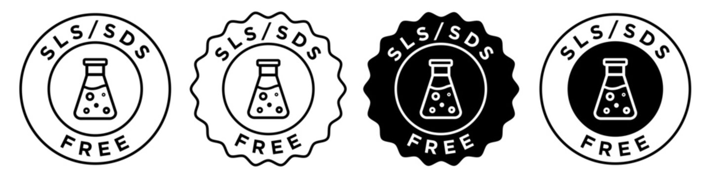 sls, sds free icon. SLS-free shampoo sign mark set collection. non sodium lauryl sulphate seal badge for web ui use. Vector outlined and filled flat skincare and hair treatment  stamp label.