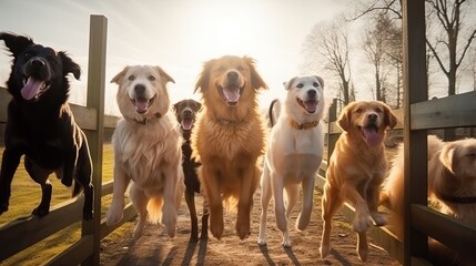 Dogs jumping over obstacles on their way. Sunshine, warm atmosphere. Animal competition and running banner generative AI