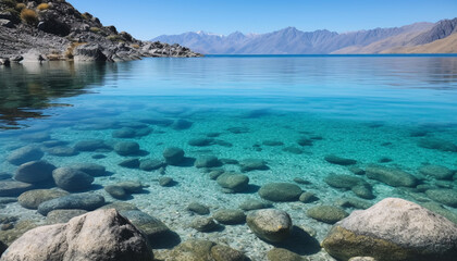 Fototapeta premium Majestic mountain peak reflects in tranquil water generated by AI