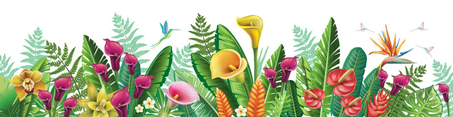 Arrangement with exotic tropical flowers, birds and plants