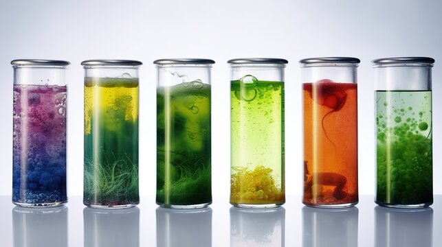 Chemical flasks with reagents. Laboratory glassware whith color liquid. Science laboratory research and development concept. Generative AI. Illustration for banner, cover, brochure or presentation.