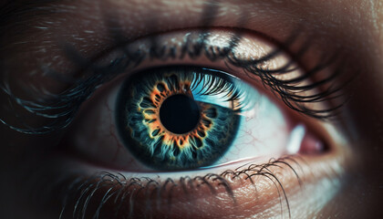 Blue iris staring, close up of human eye generated by AI