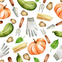 Seamless watercolor pattern. Hand drawn pumpkin, zucchini, potato, gloves, garden tools, isolated on white background. Design for fabric, wrapping paper, backgrounds.