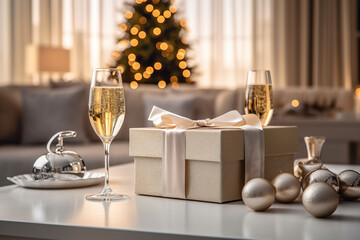 glas of champagne and gift around chrismas with a chrismas tree in the background, holiday, party, generative ai