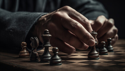 Businessman strategizes success on chess board battlefield generated by AI