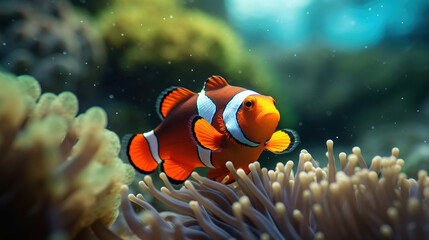 Naklejka na ściany i meble A Portrait of an Clownfish Amidst an Enchanting Coral Reef, Where the Colors of Nature Converge in a Sublime Symphony, Marine Beauty, Embraced by the Breathtaking Underwater Ecosystem generative AI.
