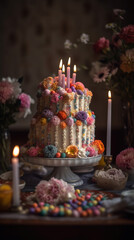 Obraz na płótnie Canvas a table birthday cake with candles, food photography, generative ai