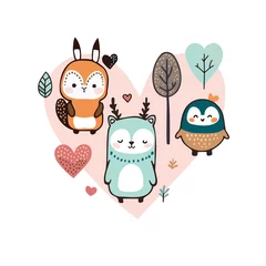 Fotobehang Cute drawn cartoon animals on the background of a heart. Postcard, poster, icon, picture for textiles, drawing for different types of printing. The illustration is for children. © Ekaterina
