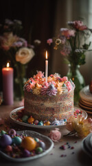 a table birthday cake with candles, food photography, generative ai