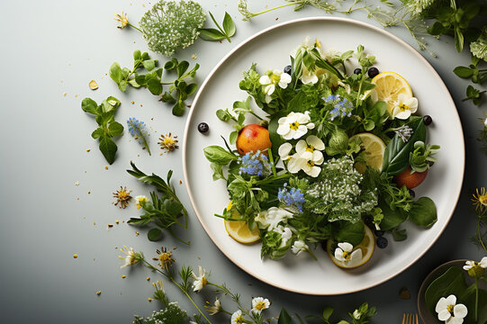A white plate topped with a salad covered in fruit and vegetables. Generative AI. Edible flower decorations.